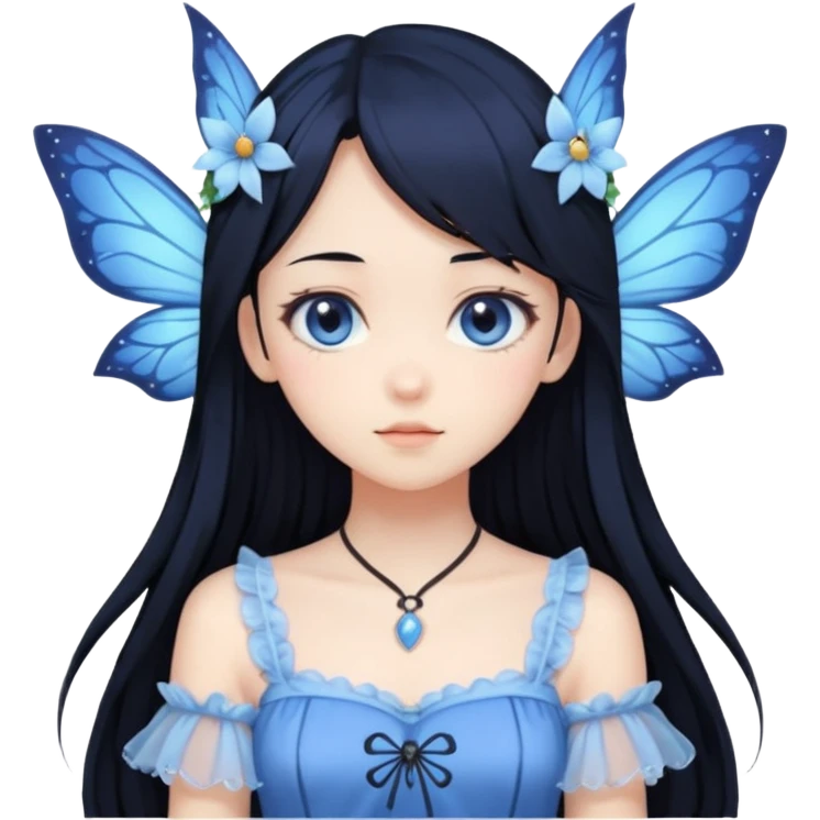 Gothic anime fairy with long beautiful black hair and blue dress, pastelcore, emoji