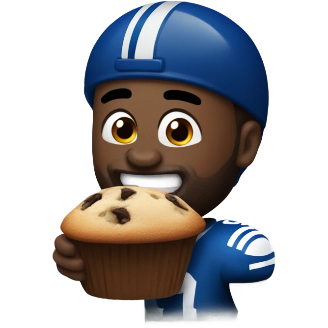 Black man with beard while wearing Colts football helmet eating a chocolate chip muffin emoji