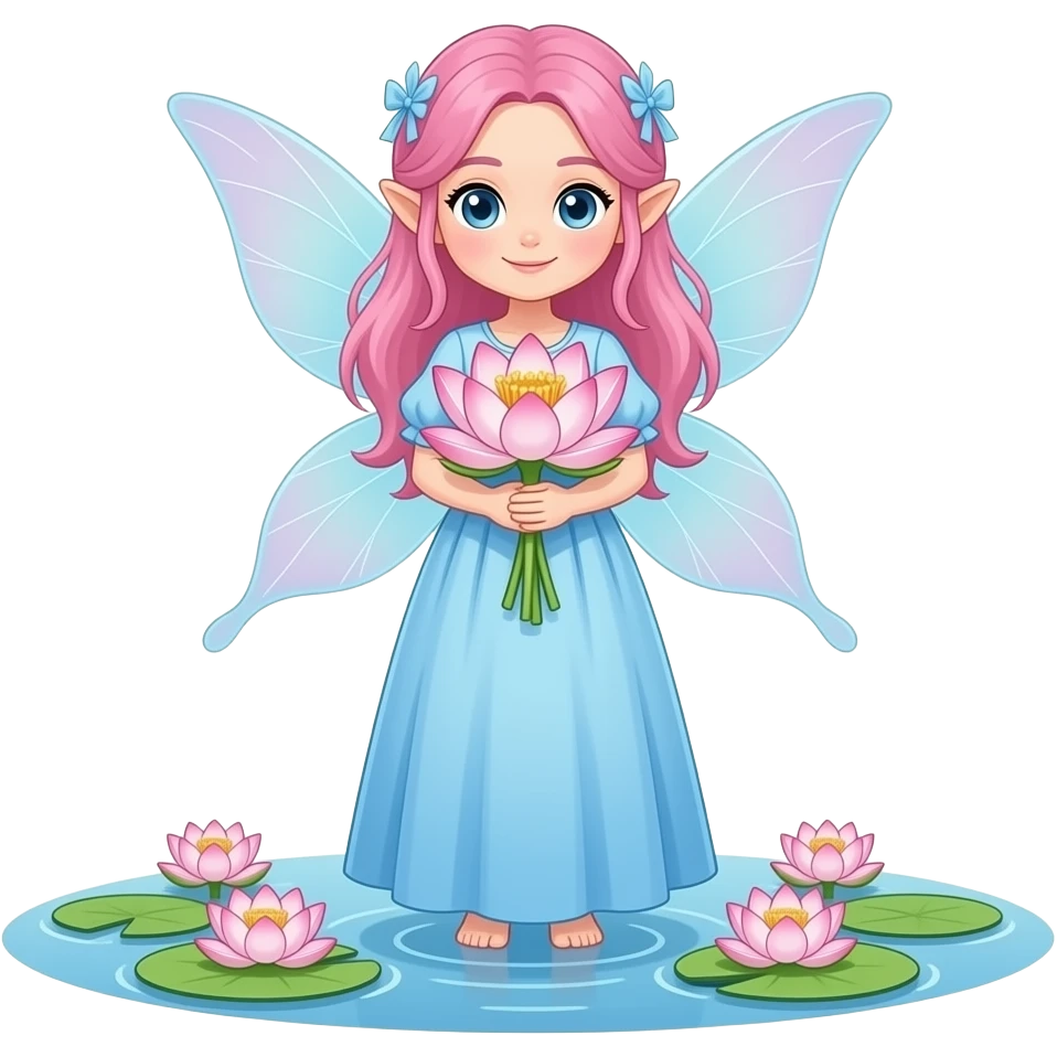 teenage girl fairy, pink hair, long light blue dress, lotus in her hands, she stays in pond emoji