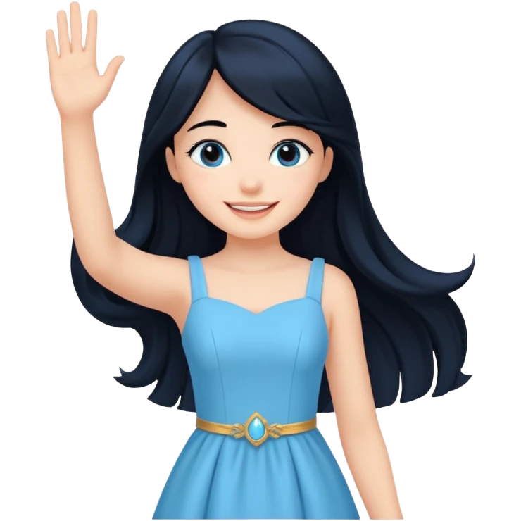 Cewe Romantis Kulit putih glowing, rambut hitam panjang. Pakai empire dress biru pastel terang senyum lembut sambil lihat ke samping. tangannya nyapa emoji