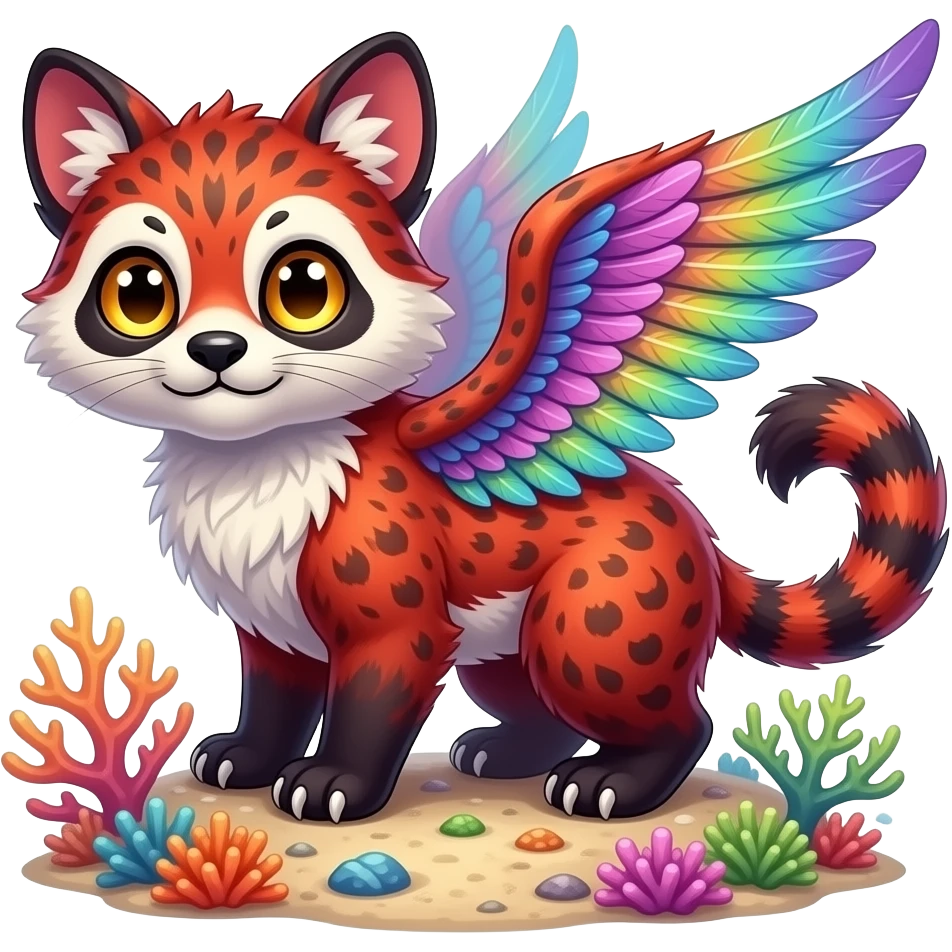 Colorful tropical exotic cute cool beautiful shiny beautiful fantasy-caracal-civet-genet-Gryphon-Cacomistle-Trico-Red-Panda-oncilla-animal-Fakémon-hybrid-fursona (full body) emoji