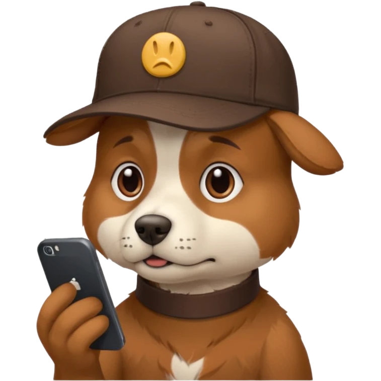 dog with a DeGould branded cap who is sad at his mobile phone emoji