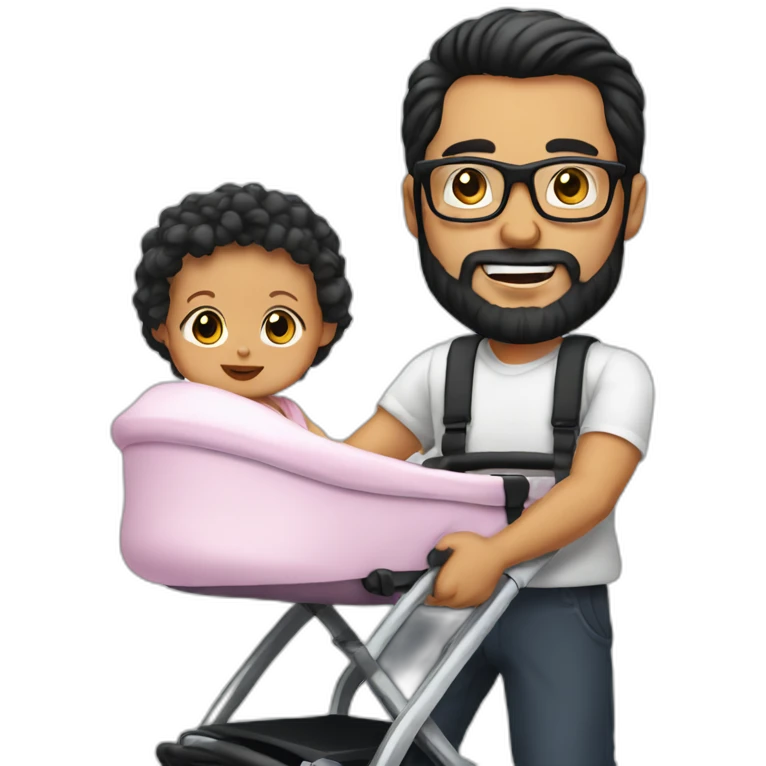 White man with Black hair,  beard and glasses pushing buggy with blonde baby emoji