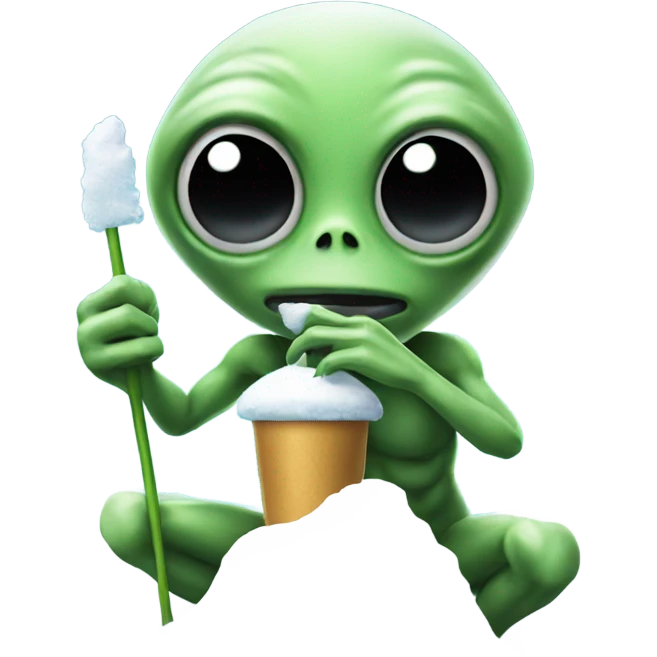 alien holding a small straw next to a mound of snow emoji