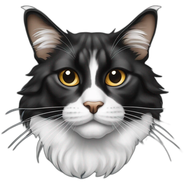 Main coon noir avec ventre blanc et une tache blanche sur le nez qui donne la pate emoji