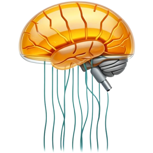 An amber translucent capsule floating in front of an ethereal brain. Thin electric filaments connect from the capsule to the brain synapses like bridges of light. emoji