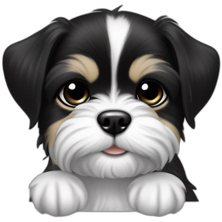 Happy black and white Shitz tzu puppy who’s eyes are covered  wearing a black hoodie emoji