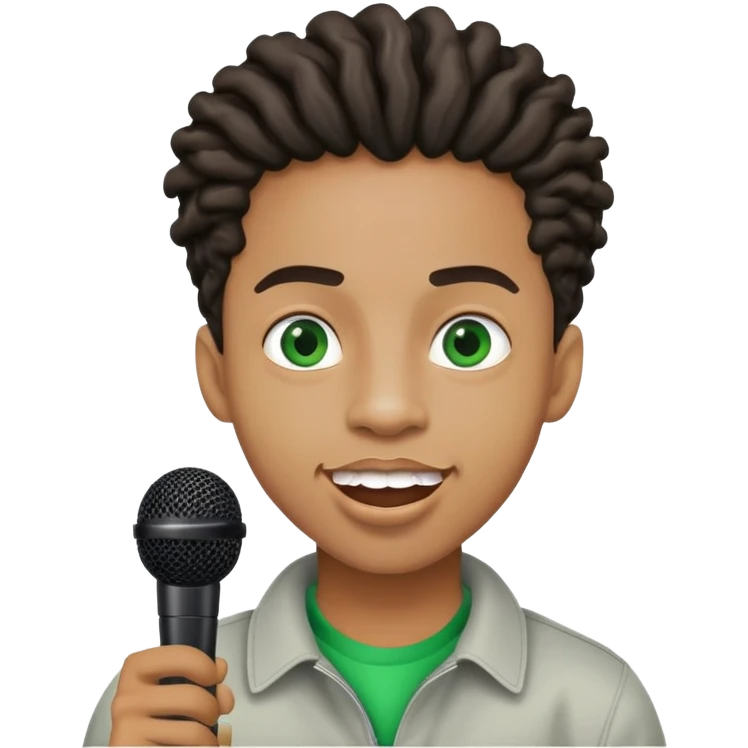 light skin black man, with twists, green eyes and gap tooth, holding a microphone emoji
