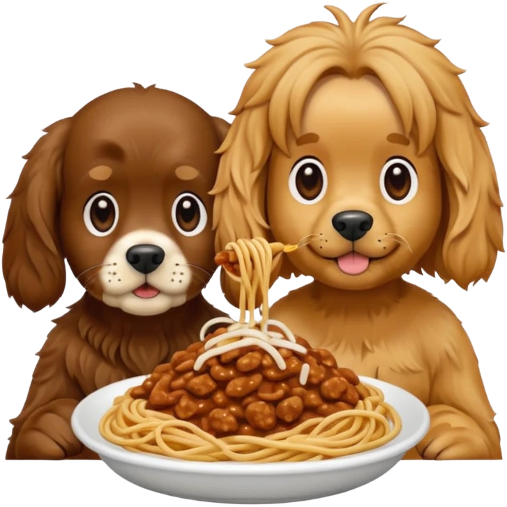 American Cocker Spaniel and Mongrel Eat Spaghetti Between Them, iphone emoji style, reference image: https://attic.sh/7pfc4fbn6y0ij1bao69rntq1w5mv emoji