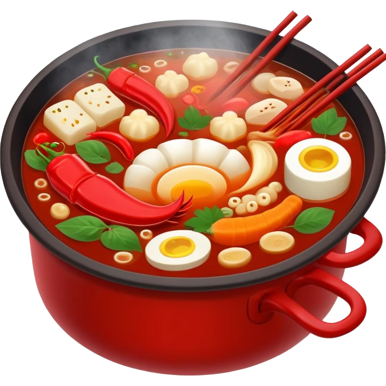 Chinese hot pot, bubbling red spicy broth with variety of ingredients, emoji style emoji