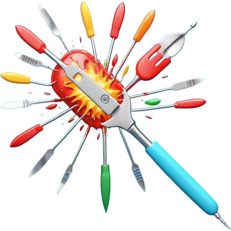 A hyper-realistic surgical scalpel exploding into a vibrant burst of medical and emotional emoji (🩺💉🧬🫀🤕😵✨). Dynamic composition, emoji art style, 3D render, Pop Art. Shallow depth of field, studio lighting, clean pastel background. --ar 16:9 emoji