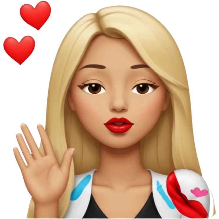 Mujer color de piel moreno claro, con cabello rubio largo, lacio y suelto, ojos negros, un ojo cerrado, mandando un beso de lado  emoji