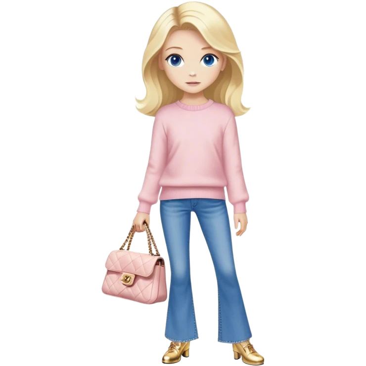 A blonde girl with blue eyes and a blow out as the hairstyle. She is standing with a white Chanel bag and wears flared Jeans and a light pink pullover. For shoes she wears golden goose. emoji
