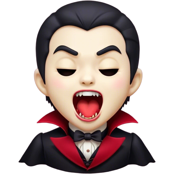 Cinematic Cute Yawning Vampire Portrait Emoji, with a small, rounded, charming pale face accented with tiny playful fangs and droopy, half-closed eyes, head tilted in an adorable wide yawn, dressed in miniature elegant dark attire with a hint of crimson, simplified yet irresistibly endearing, highly detailed with a soft, mysterious glow and gentle outline that captures the cute, drowsy side of an immortal! emoji