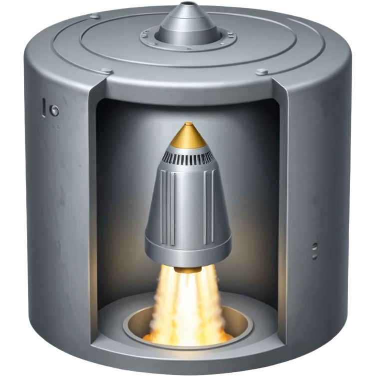 grey missile silo hatch open, and the top two thirds of a white nuclear missile launching out of the silo is shown emoji