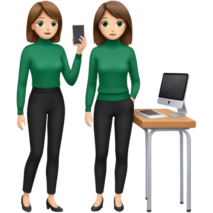 A thin white woman with brown Burnette hair and hazel beautiful eyes in a green turtleneck sweater and black pants looks like a business woman while studying with her 10 years old daughter  emoji