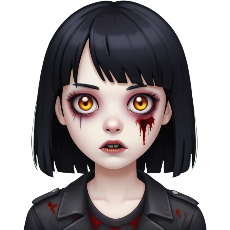 uma menina zumbi com cabelo preto e liso e uma franja. ela tem um estilo meio emo emoji