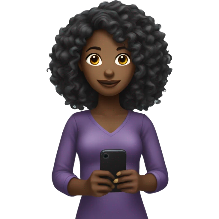 Black girl with long curly hair holding a phone  emoji