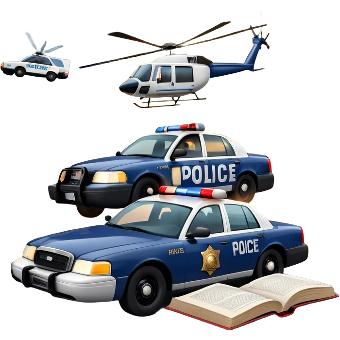 Icon for Action & Crime Reading: an open book with text on the pages, from which a police car is driving out, with explosions behind, a helicopter flying above, and a pistol with bullets in the front. The icon should capture the thrilling action and suspense of crime stories. Transparent background. emoji