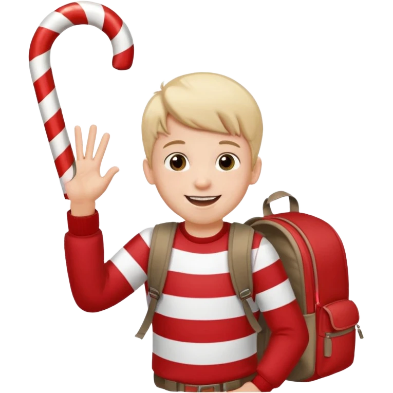 A boy waving a candy cane happily, backpack bouncing as he moves. emoji