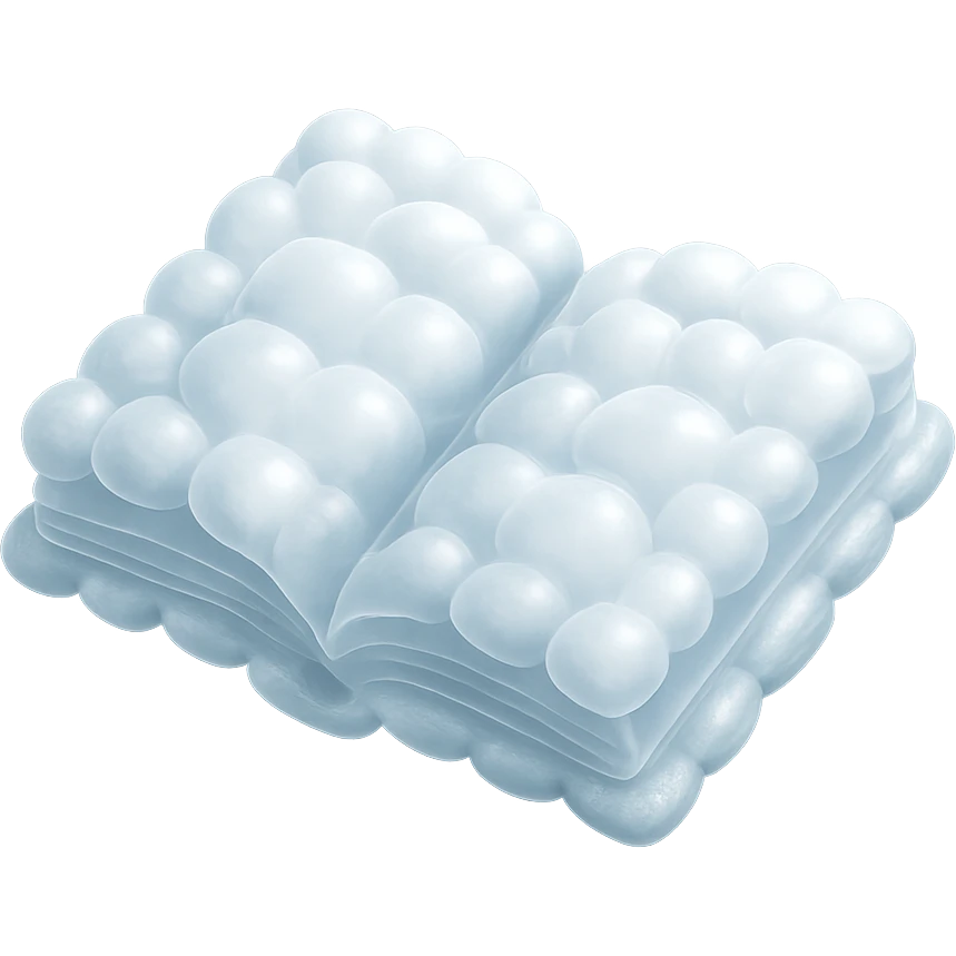 top view of a thick open book made entirely of small, very bright white fluffy convex clouds, matte glass style emoji