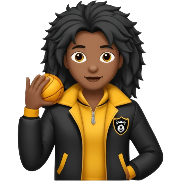 Garoto fofo de cabelo preto comprido usando uma jaqueta preta ao lado de um lobo  emoji