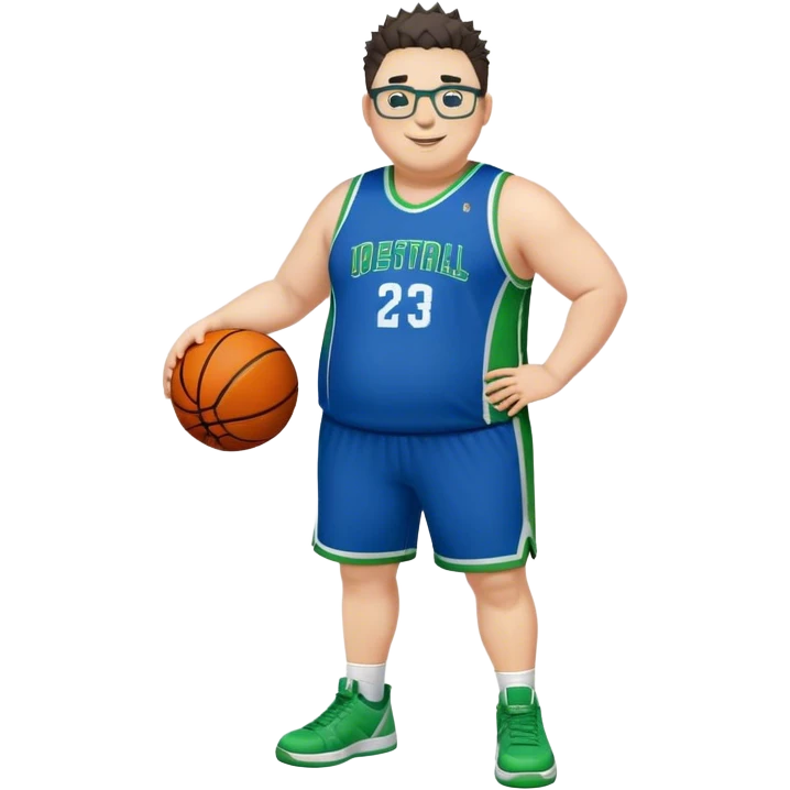 Full Body overweight white male with dark short spike hair basketball player wearing glasses wearing blue green uniform smiling emoji