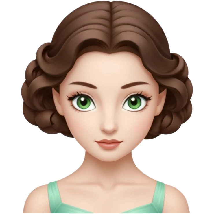 Cinema Realistic Ballerina Portrait, with porcelain-like skin featuring a natural rosy flush, illuminated by soft lighting that highlights the gentle contours of her face. Her Brunette hair flows in soft.Her deep green light eyes radiate framed by arched brows and long lashes. emoji