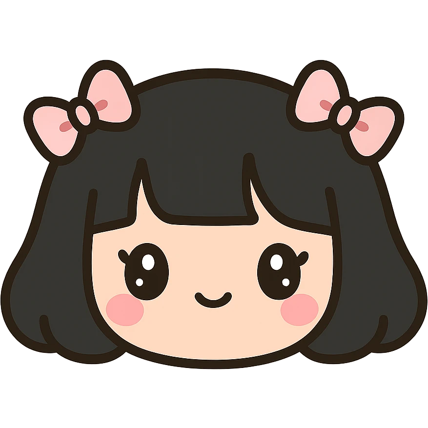 girl with black chanel haircut, pink bows, cute and coquette style emoji