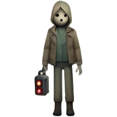 An icon depicting a dark, foggy street with eerie, abandoned buildings, inspired by Silent Hill 2. The design features a mysterious figure holding a flashlight, casting long shadows. A chilling atmosphere is created by dim lighting and unsettling details. Transparent background. emoji