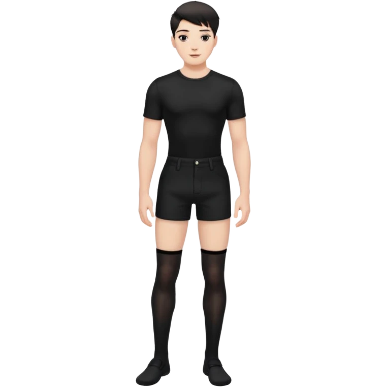 Male in his 20s, clean shaven, feminine look, wearing black thigh highs, black crops, black feminine shorts, is a femboy.   emoji