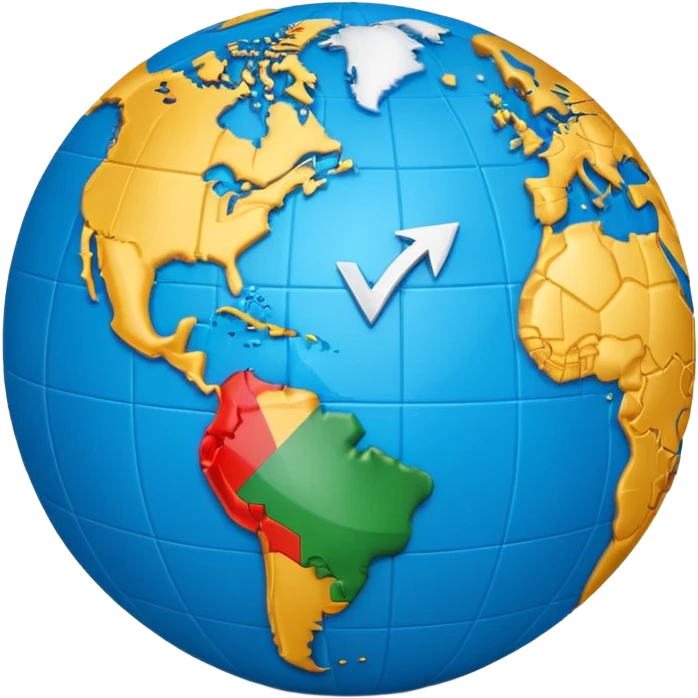 3D globe in Apple emoji style, Germany clearly marked in Europe, blue arrow pointing from Germany to USA in North America, word 'VPN' in modern bold sans-serif font, smooth gradients, soft shadows, realistic 3D look, no other text, suitable for Instagram Reel emoji