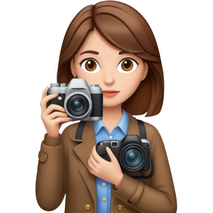 Дівчина фотограф з каштановим волоссям стаильно одягнена emoji