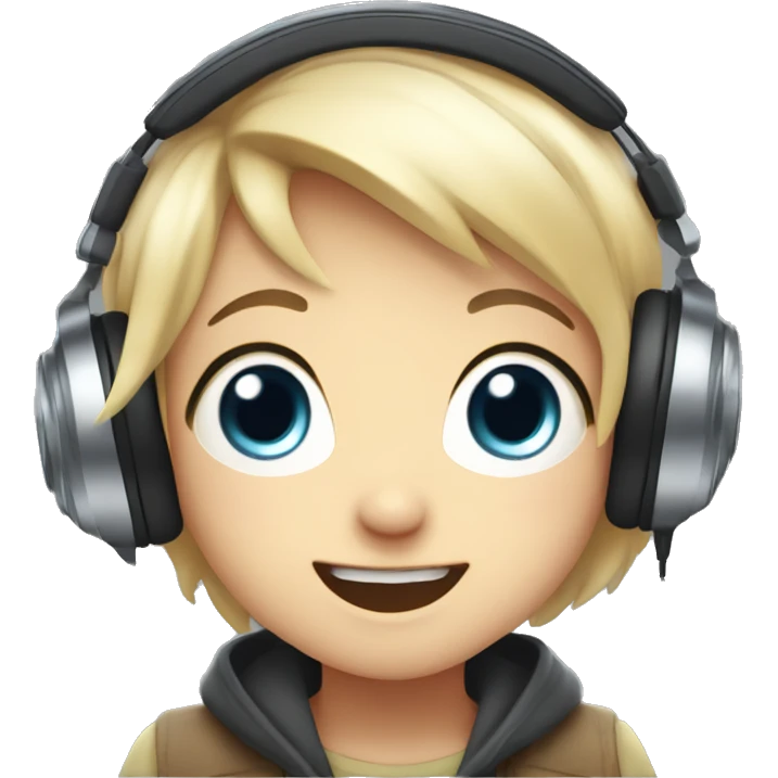 A cute anime-style character with large sparkling eyes, wearing headphones. The character has a wide, open-mouth grin, showing intense excitement as they listen to an audiobook. emoji