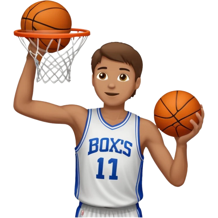 A white man with brown hair with a basketball, doing a layup emoji