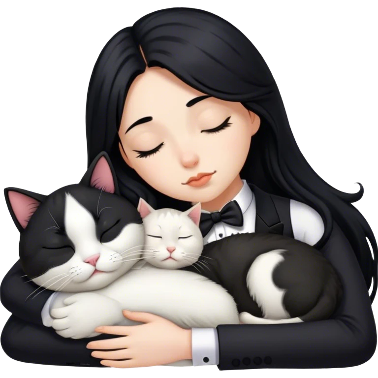 One beautiful long Black hair girl sleeping next to a tuxedo cat emoji