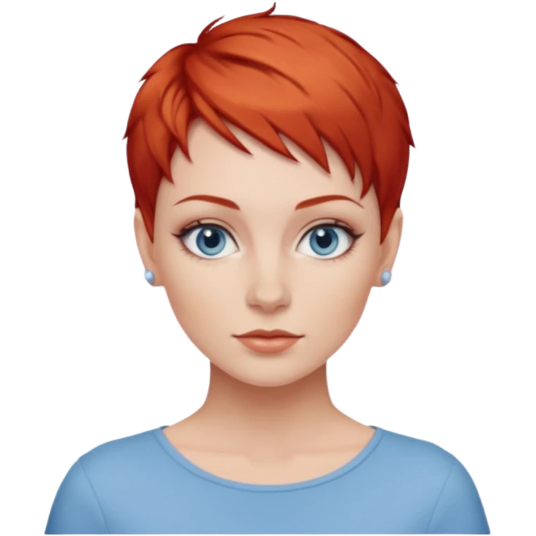 27 year old white woman, red hair, pixie cut, blue eyes emoji