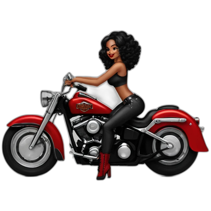 Chica pin up pelo rojo sobre moto Harley Davidson negra emoji