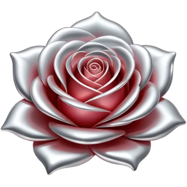 A rose emoji made of liquid silver metal, smooth metallic petals, reflective chrome surface, soft gradients, elegant shape, minimalistic iOS emoji style, centered, clean white background, realistic highlights, no text emoji