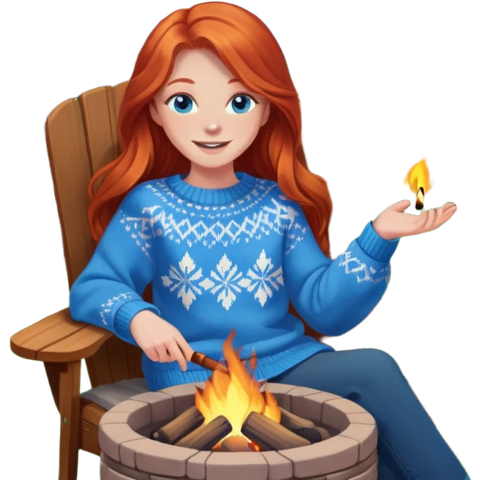 Very Happy redhead with long hair and blue eyes in chair beside fire pit in backyard emoji