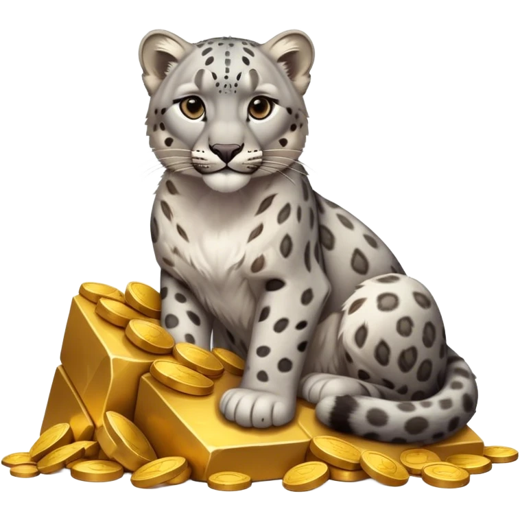photorealistic snow leopard symbol of Kazakhstan sitting on pile of gold emoji