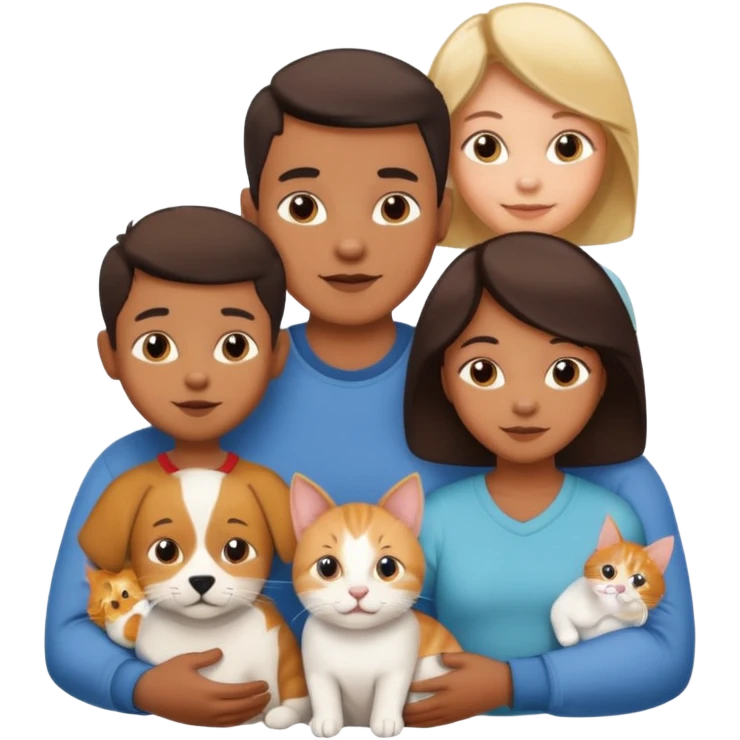 Un bebé Un niño de 10 años y papá y mamá tambien un gato y un perro todos son parte de la familia emoji