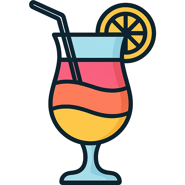 colorful cocktail in a tall glass with a straw and fruit garnish, vibrant and inviting, modern icon style emoji