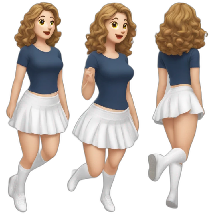 Hyperrealistic Full body Caucasian curvy beauty jumping short white skirt back and front views strong wind knickers long white socks emoji