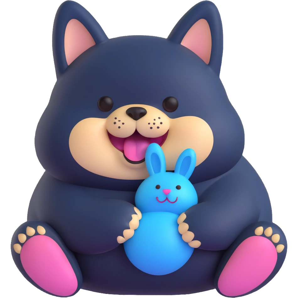 smiling overweight black shiba inu, gripping fluffy blue bunny toy in mouth, cheesy aroma vibe emoji