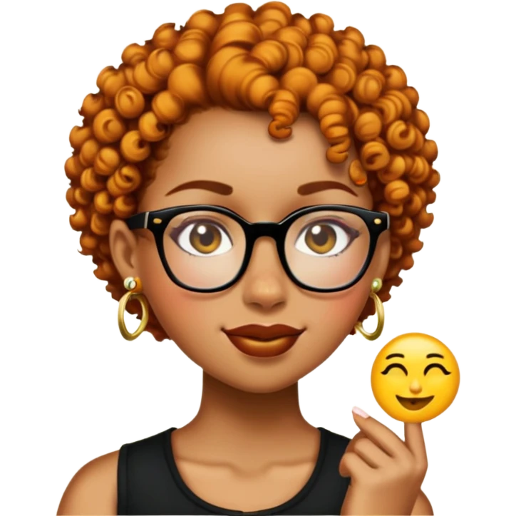 Add a gold nose piercing, gold septum piercing, and gold earrings to the light skin black woman with short ginger curly hair and glasses, winking, in emoji style. emoji