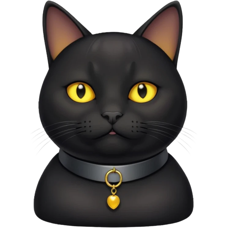 Un gato negro gordito con los ojos de color amarillos sentado con un collar que diga: waina michi emoji