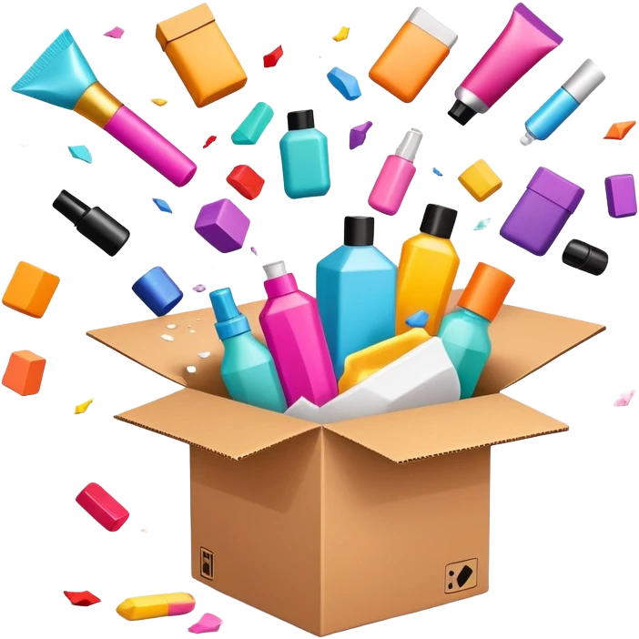 exploding cardboard box with beauty products flying out in a chaotic, disorganized way emoji