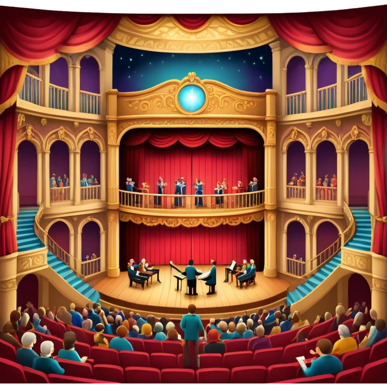 An icon depicting a theater stage with actors performing a play, illuminated by dramatic lighting. The audience watches from colorful balconies, while an orchestra plays in the pit, creating an immersive atmosphere. transparent background. emoji
