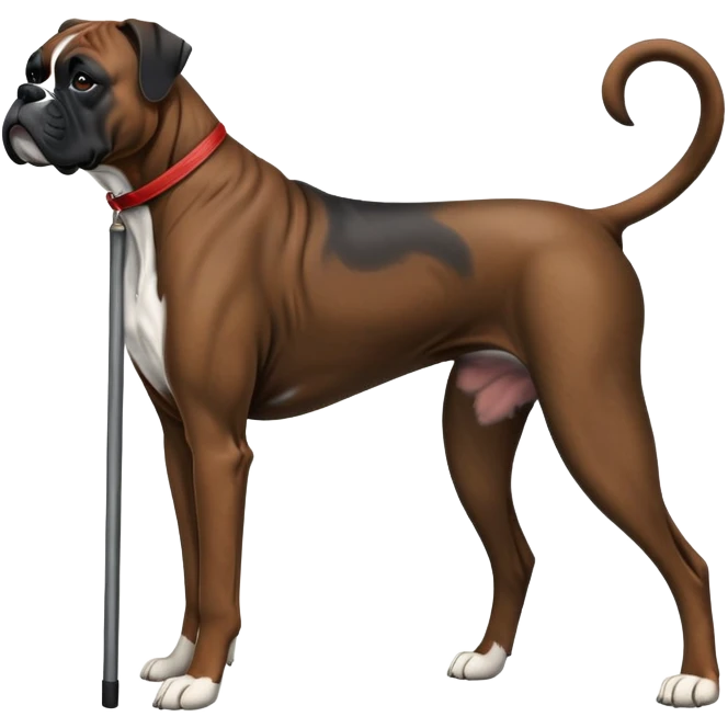 Elderly adult dark black boxer dog standing on hind 2 legs hunched over using one cane emoji